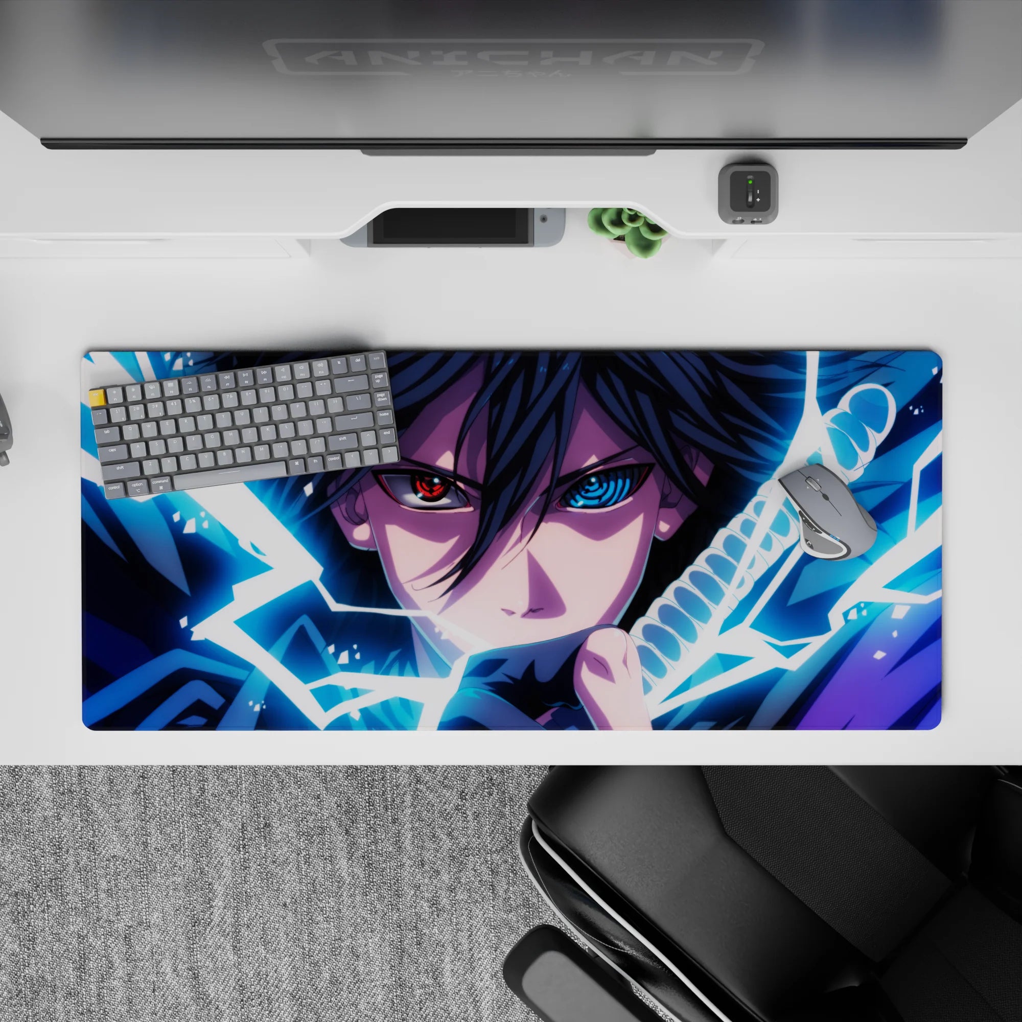 36x16 inches anime desk pad in electric blues and deep purples, dark moody style with glowing accents.