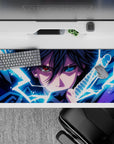 36x16 inches anime desk pad in electric blues and deep purples, dark moody style with glowing accents.