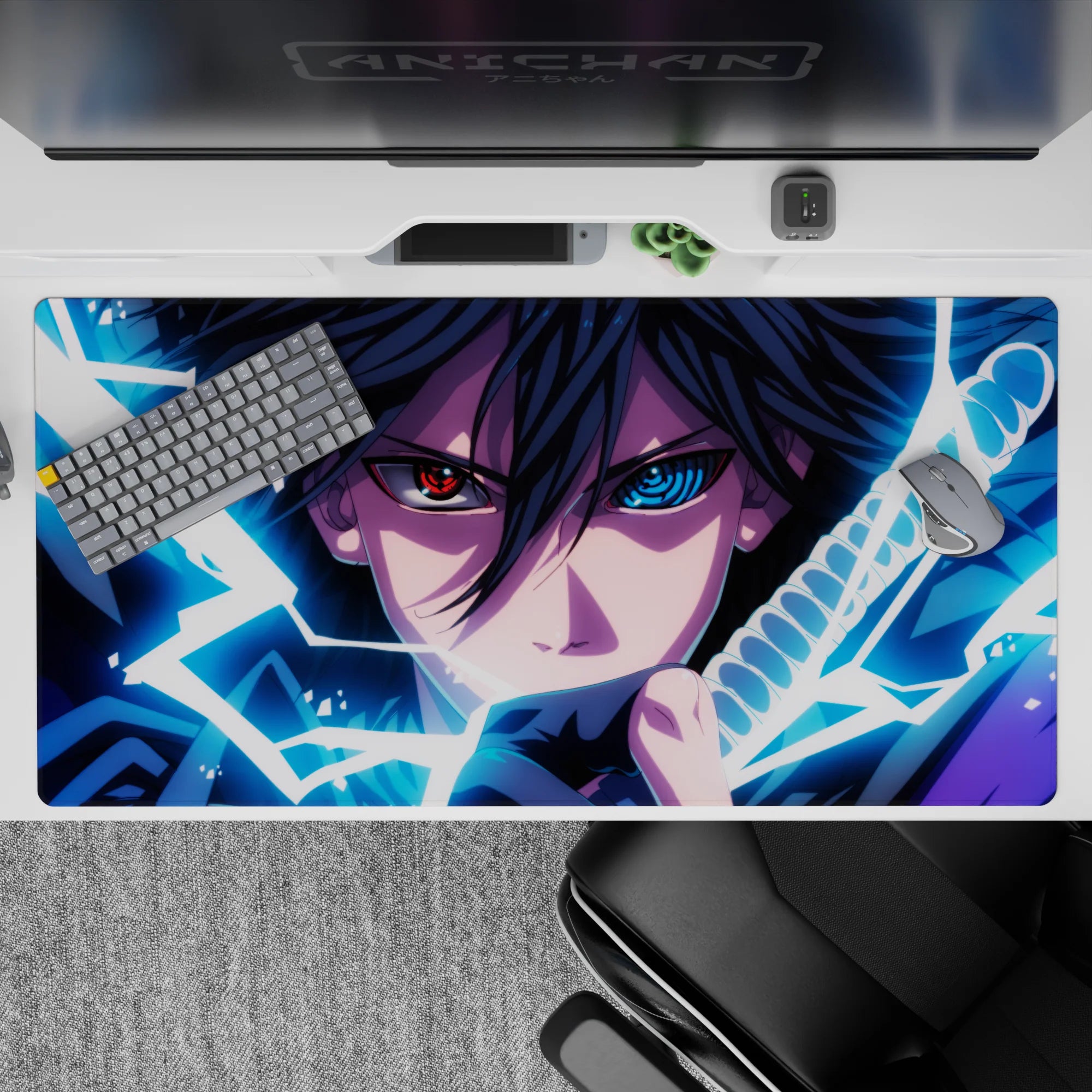40x20 inches anime desk pad in electric blues, deep purples, and inky shadows for a dark, edgy vibe.
