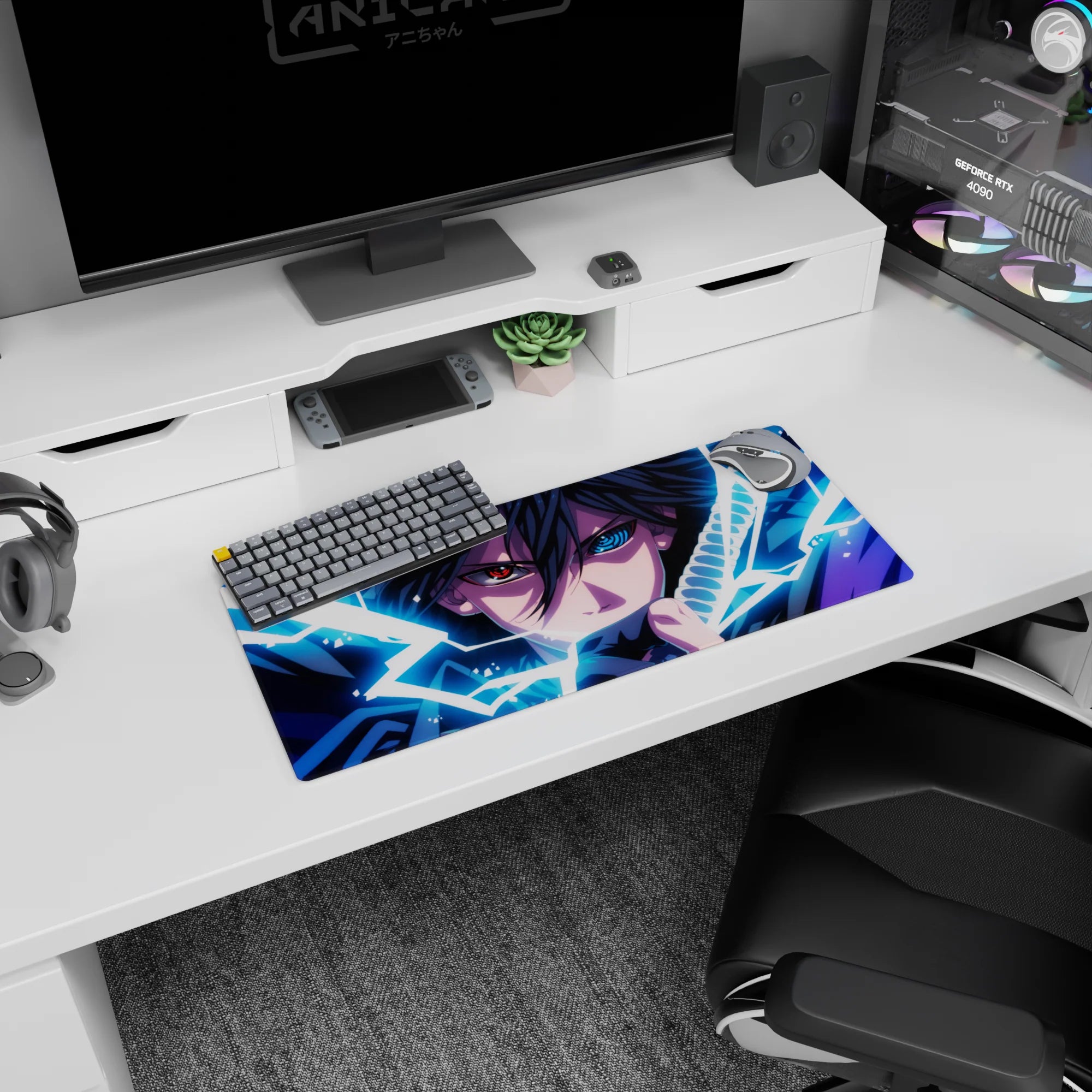 28x12 inches Naruto Sasuke Uchiha mouse pad with Sharingan stare, lightning aura around his blade.