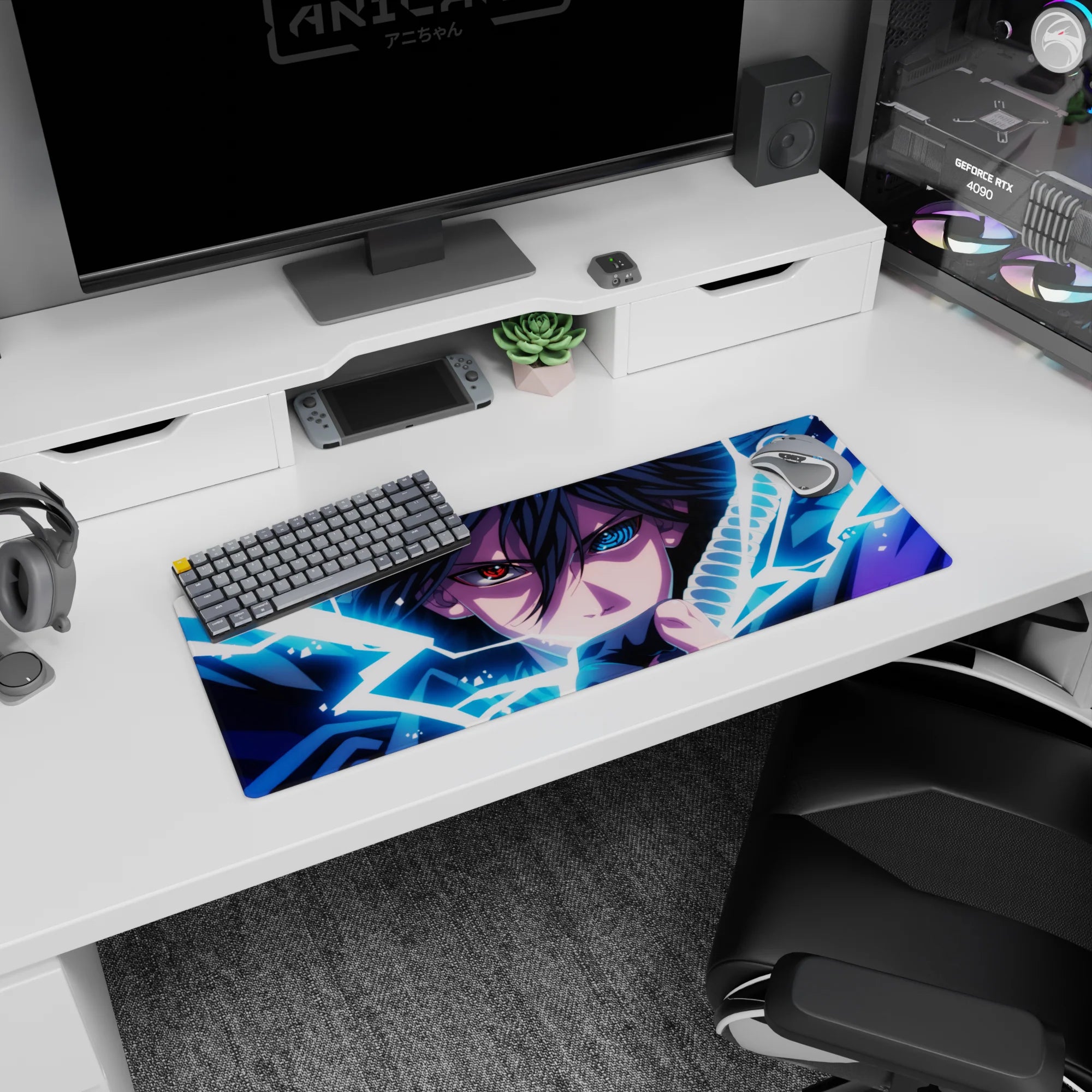 32x12 inches Sasuke Uchiha Naruto mouse pad, staring forward as blue lightning crackles around his blade.