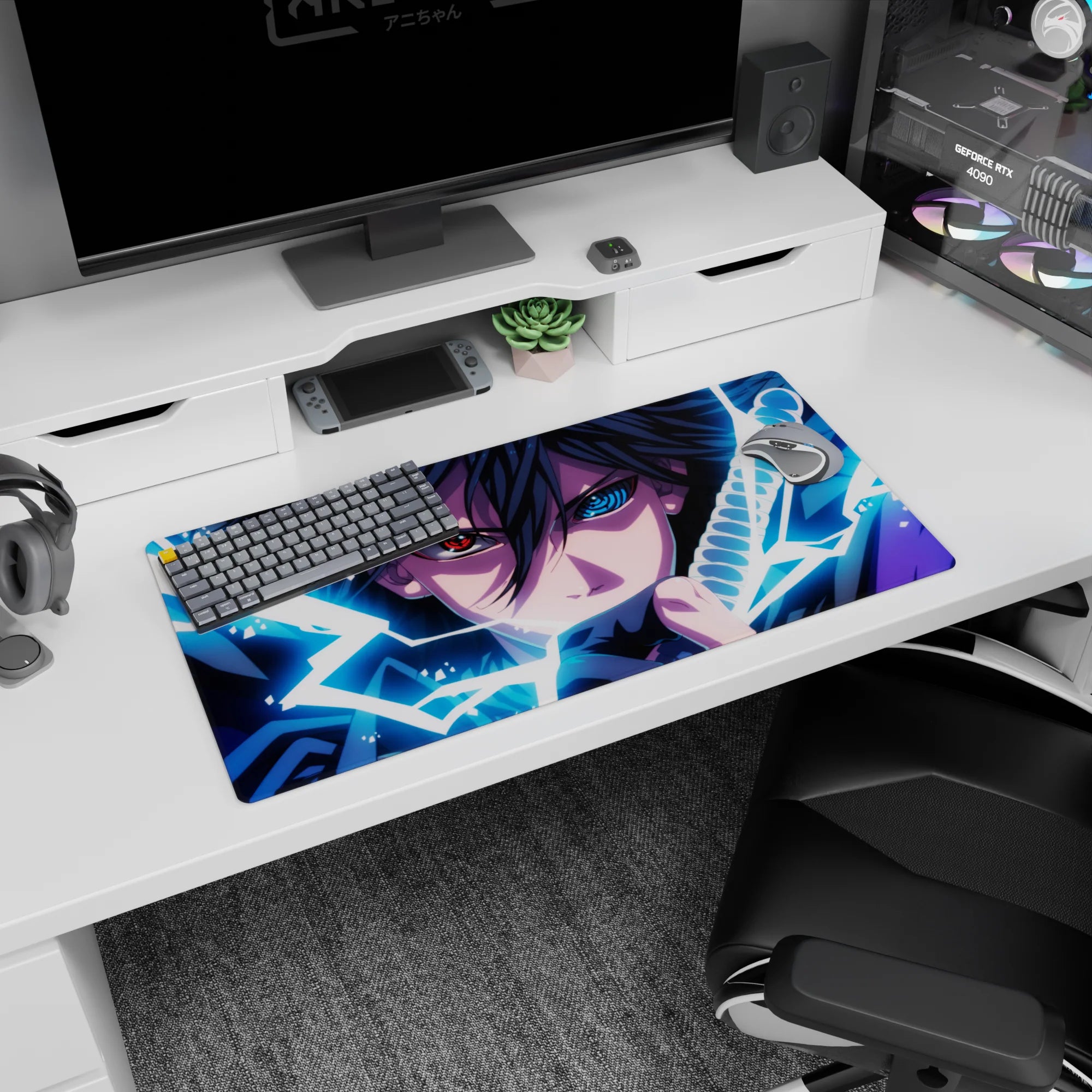 Naruto Sasuke Uchiha anime mouse pad 32x16 inches, piercing stare and lightning-charged sword scene.