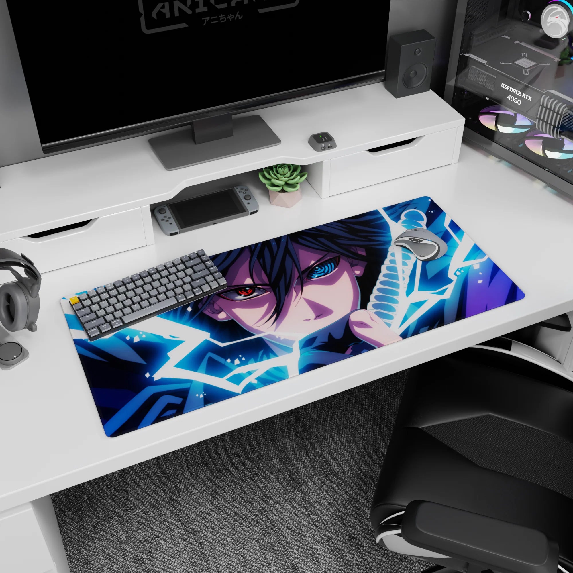 Sasuke Uchiha Naruto desk pad 36x16 inches, Sharingan stare and lightning energy around his sword.