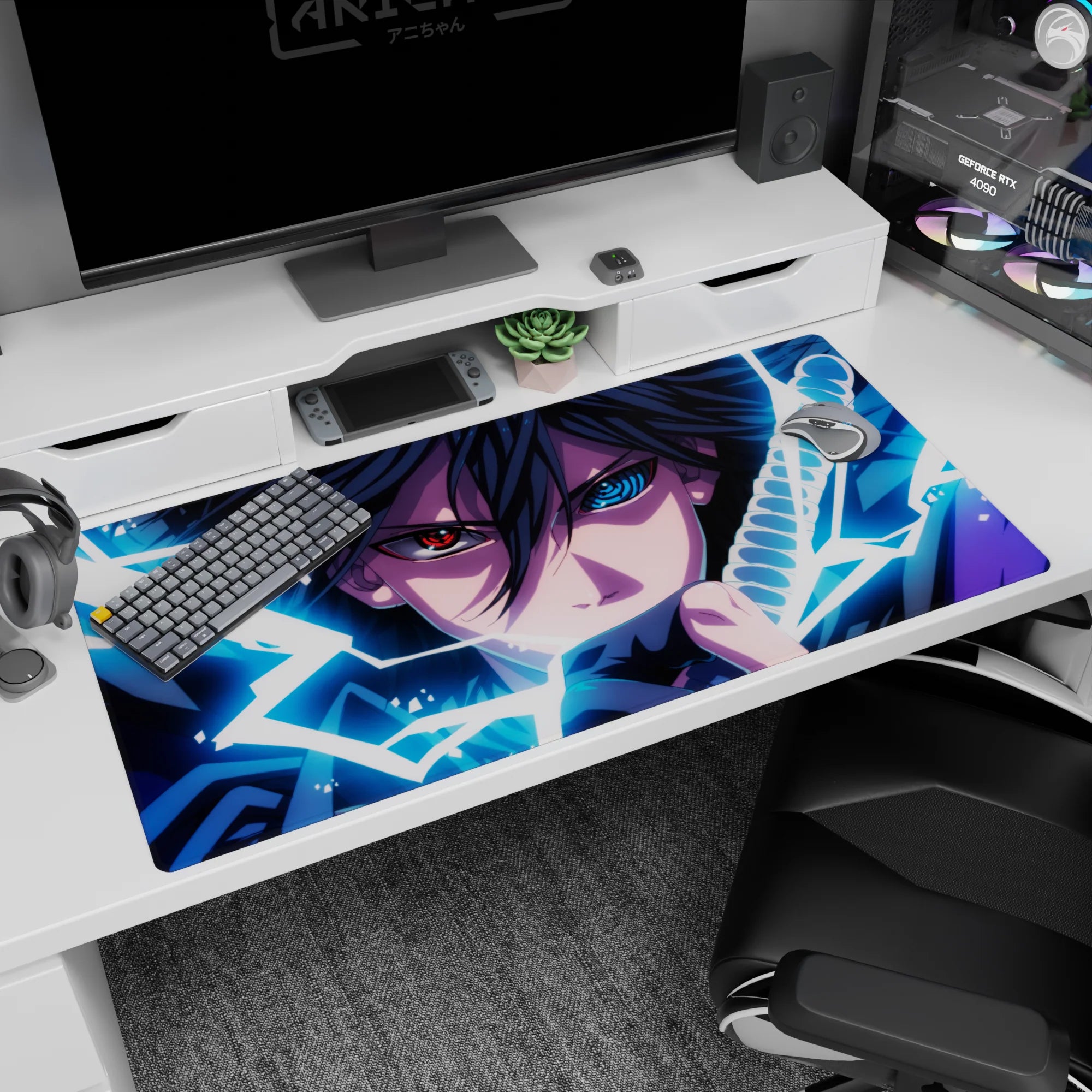 Naruto Sasuke Uchiha 40x20 inches desk pad with Sharingan stare and lightning aura around his sword.