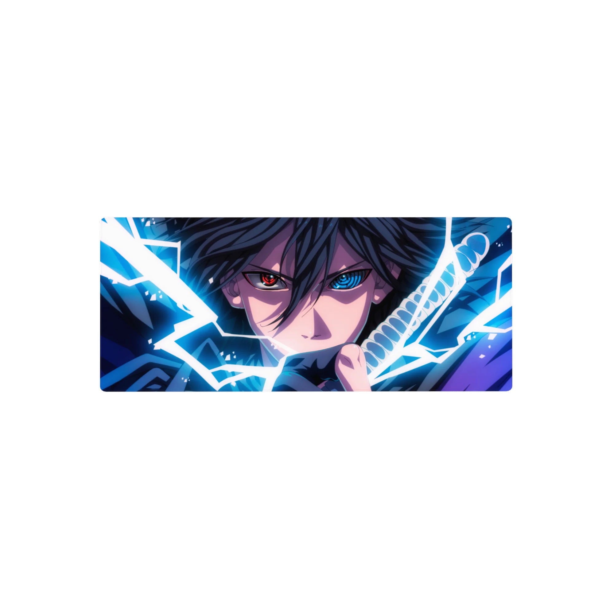 28x12 inches anime mouse pad featuring a fierce swordsman with crackling energy and dark shadows.