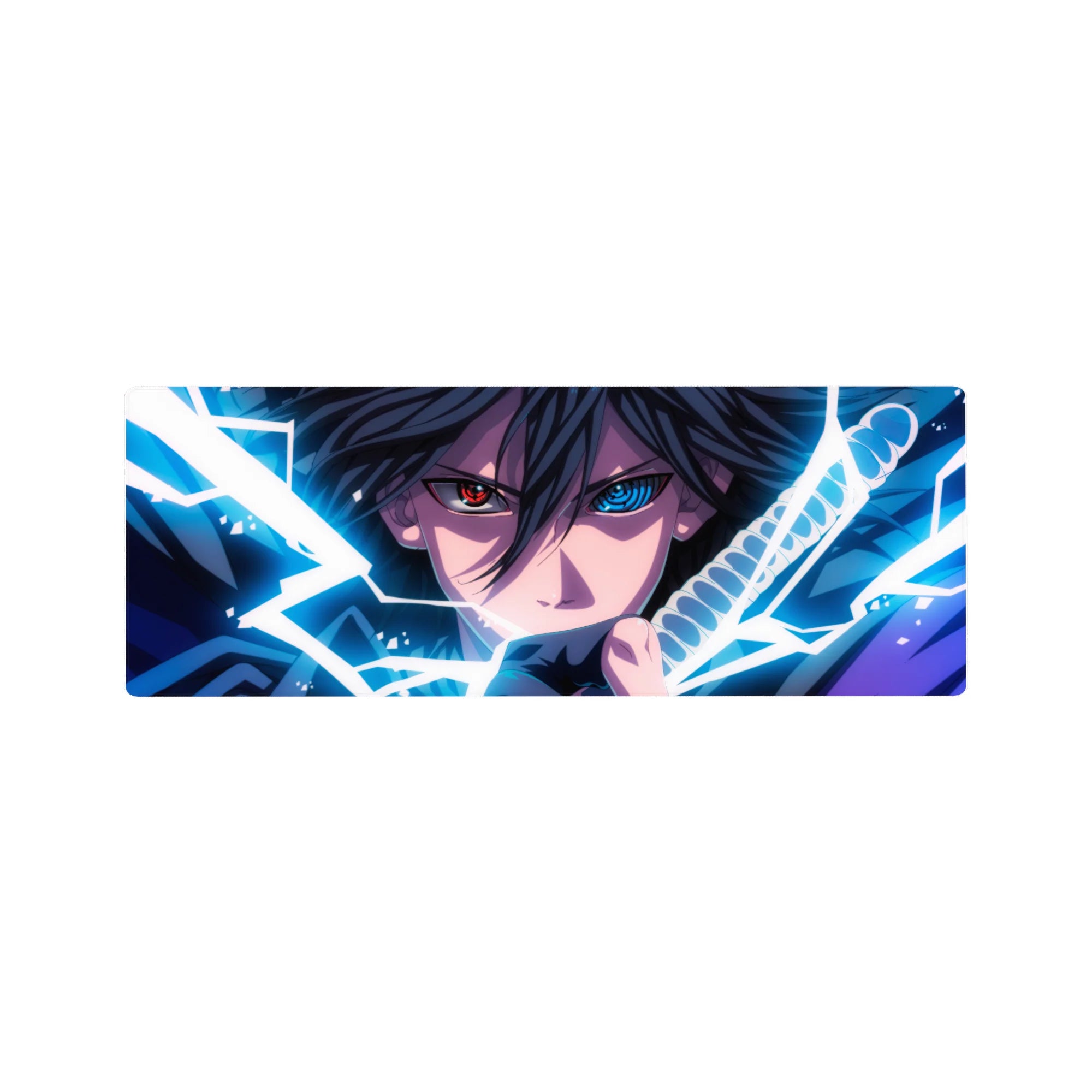 32x12 inches anime mouse pad with intense ninja swordsman artwork and bold Sharingan-style eye focus.