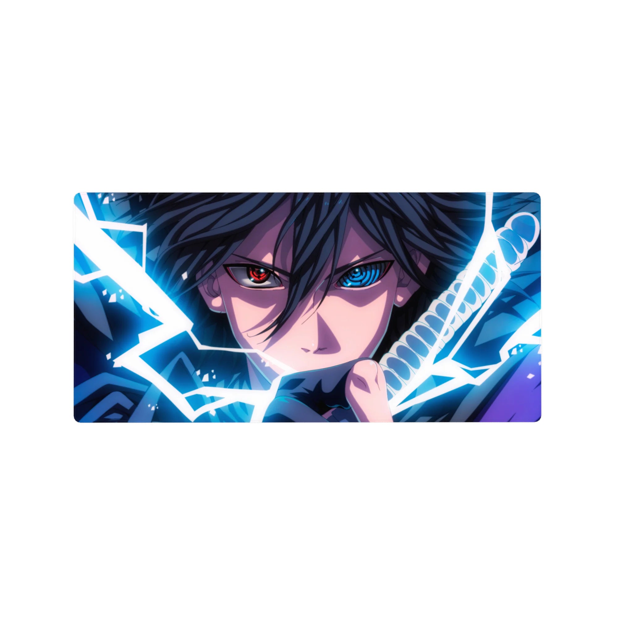 Anime mouse pad 32x16 inches with intense swordsman artwork and bold Sharingan-inspired eye detail.