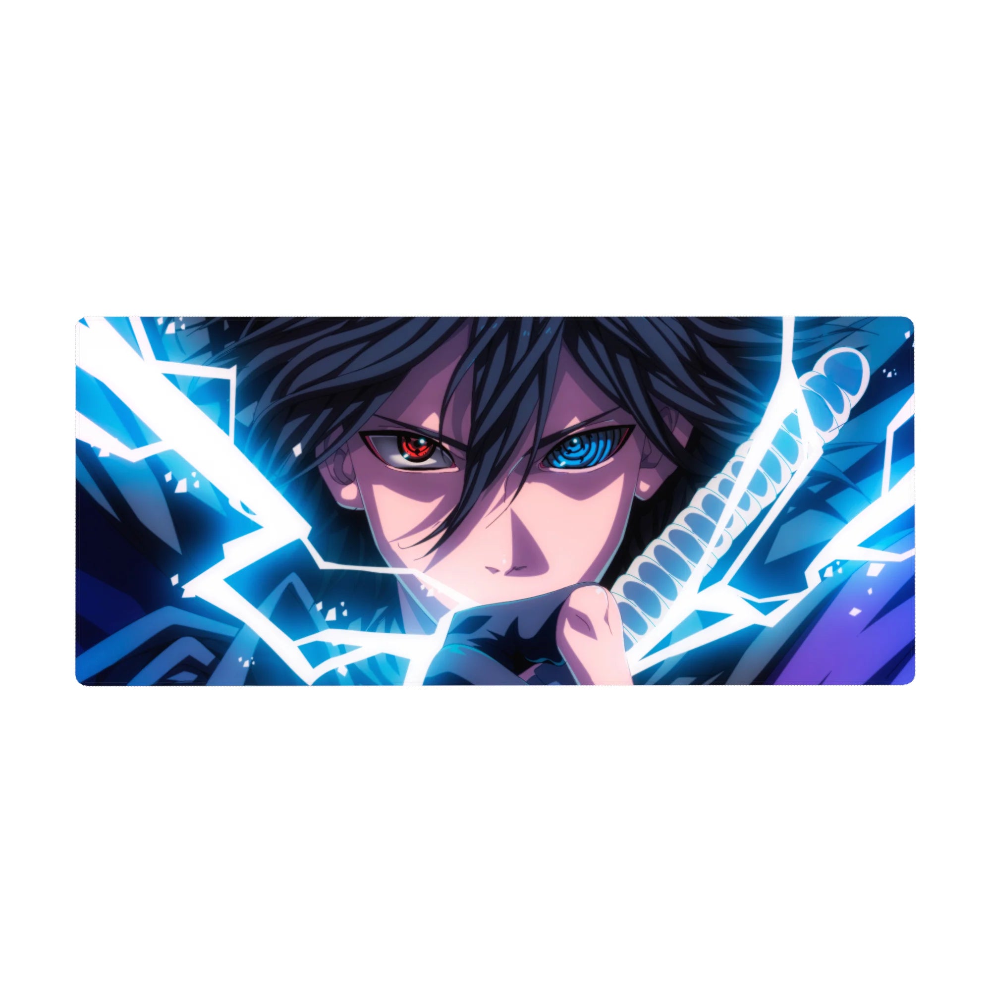Anime desk pad 36x16 inches with intense ninja artwork, crackling blade effects, and bold shadows.