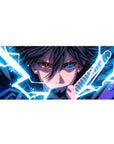 Anime desk pad 36x16 inches with intense ninja artwork, crackling blade effects, and bold shadows.
