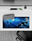 Icy blue and teal deep-space calm desk mat mouse pad, 28x12 inches, dreamy and quiet.
