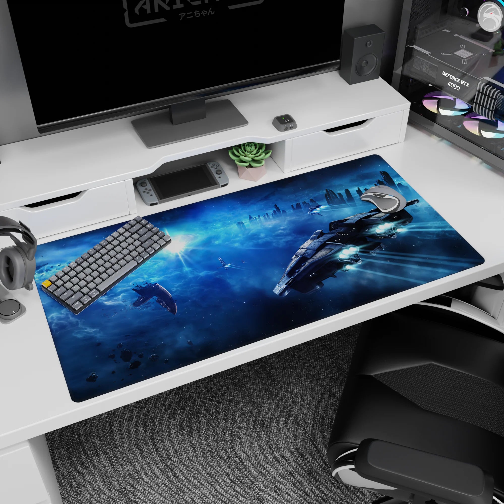 Spaceships cutting a glowing horizon desk pad 40x20 inches with teal light trails and shadowy clouds.