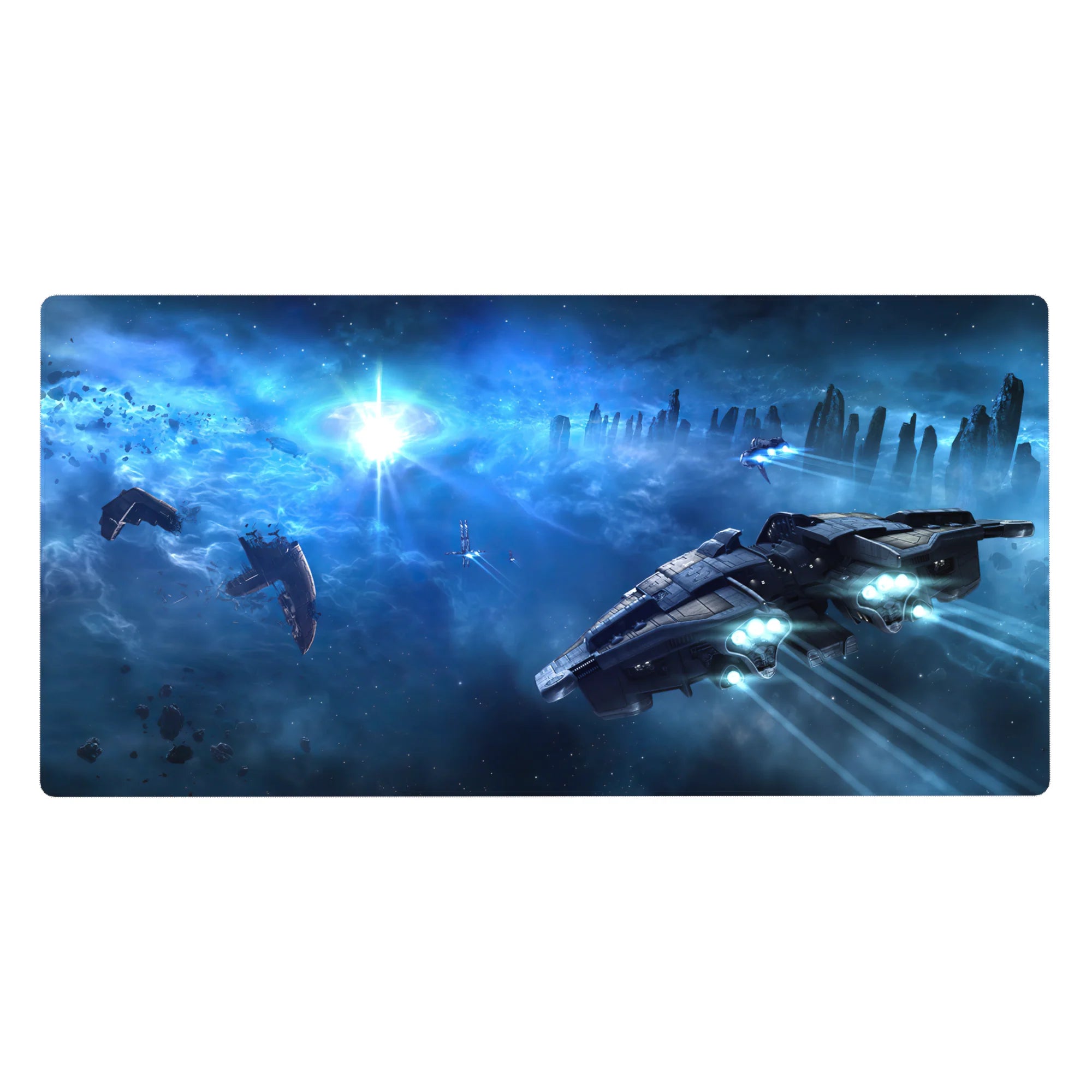 Sci-fi starburst desk pad 40x20 inches with misty clouds, distant spires, and sleek ships at horizon.
