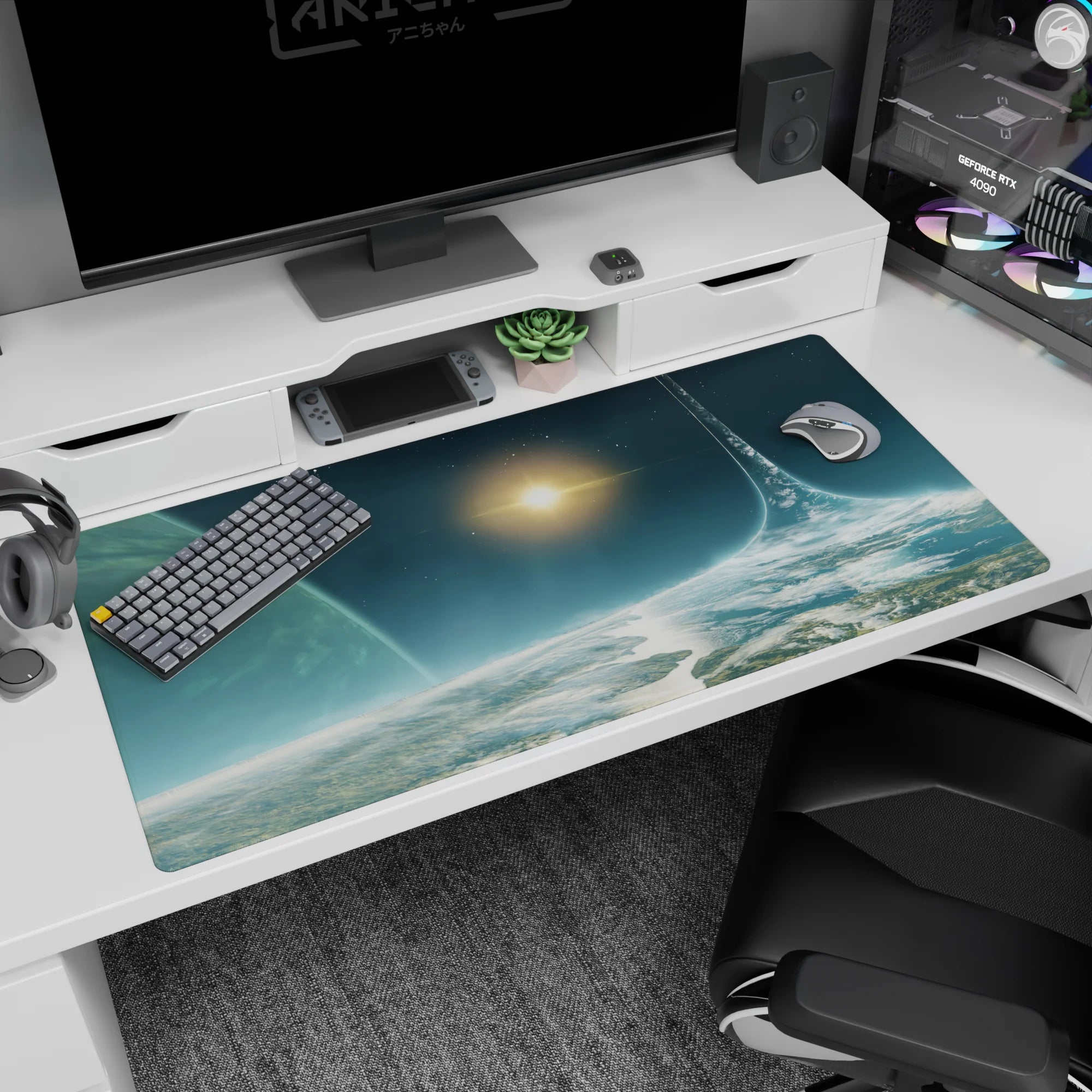 Giant planetary ring scene desk pad 40x20 inches, distant sun flare above a quiet alien shoreline.