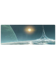 Sci-fi space ring landscape desk mouse pad, 32x12 inches, with distant sun glow and open sky.