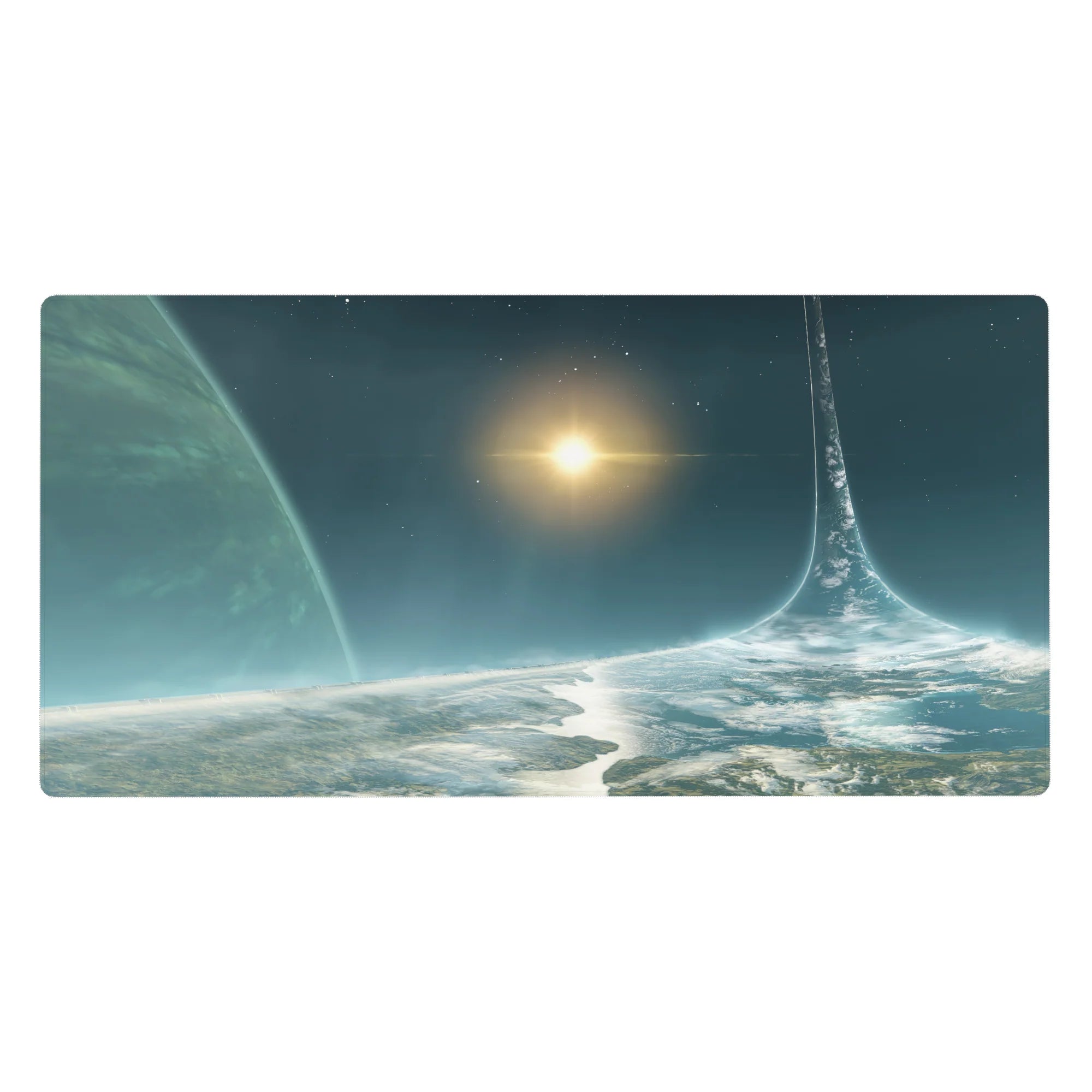 Sci-fi horizon desk pad 40x20 inches with towering ring and distant sun over open space gradients.