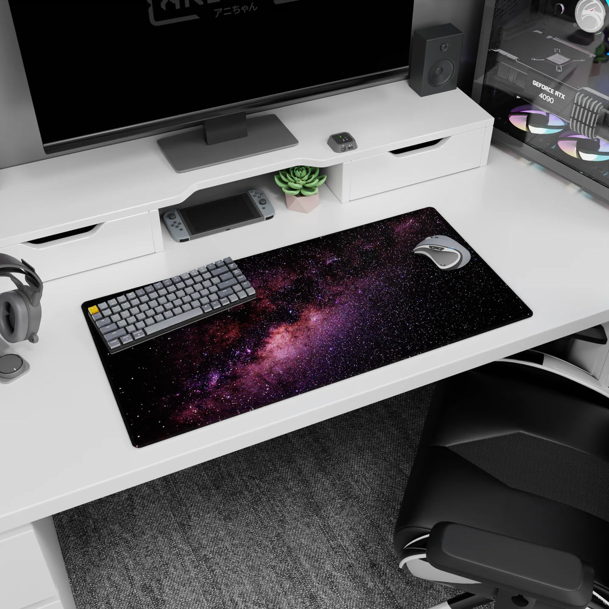 Night sky scene mouse pad 32x16 inches featuring a swirling nebula ribbon across a starry space backdrop.