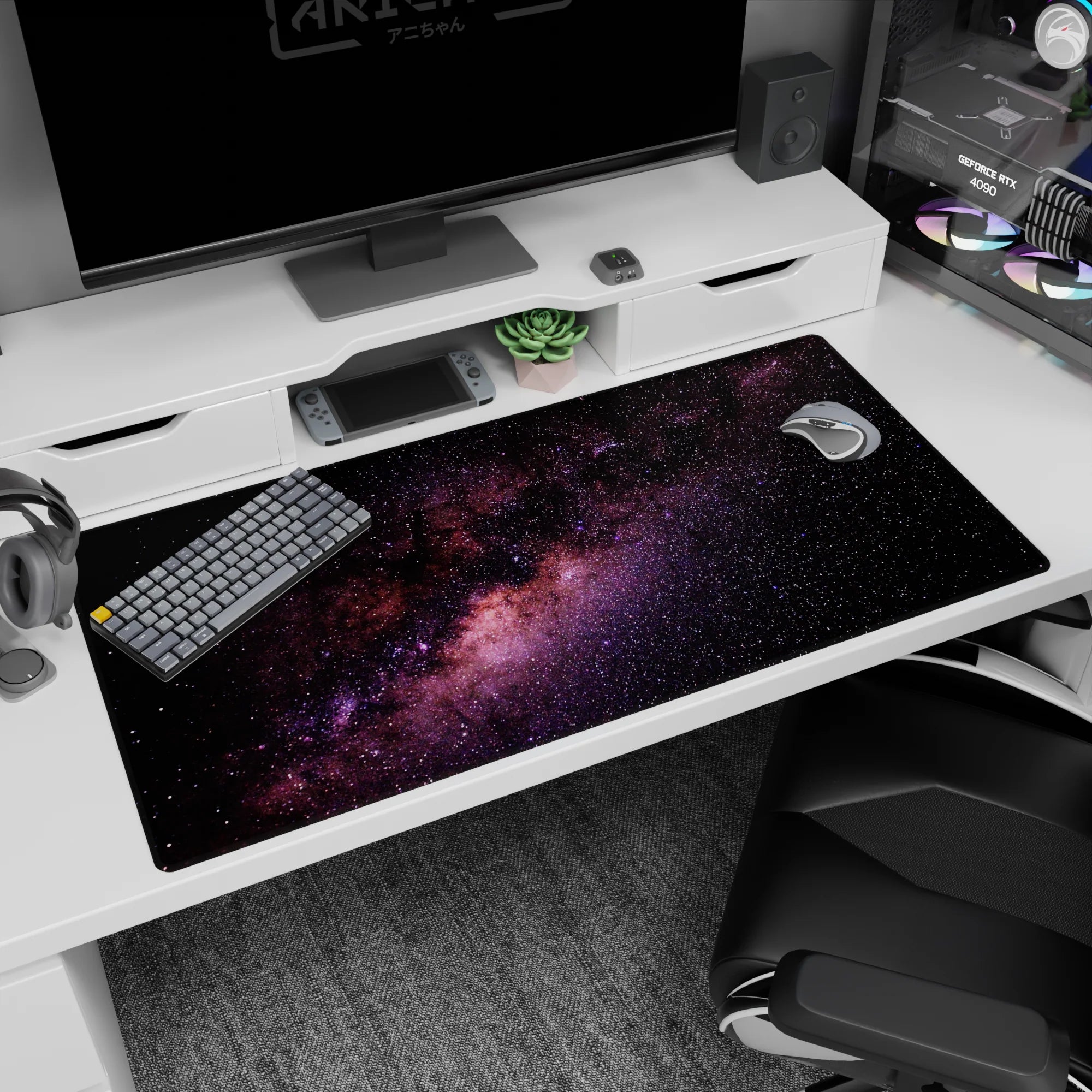 Starfield scene desk pad 40x20 inches featuring speckled stars and a flowing ribbon nebula.