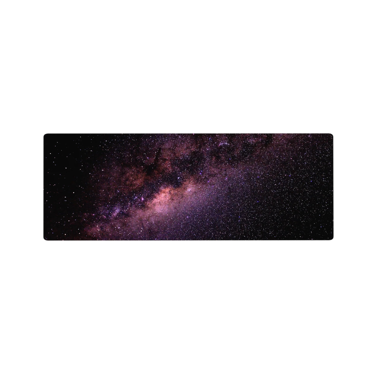 Galaxy desk mouse pad 32x12 inches with star-speckled space and nebula swirl design.