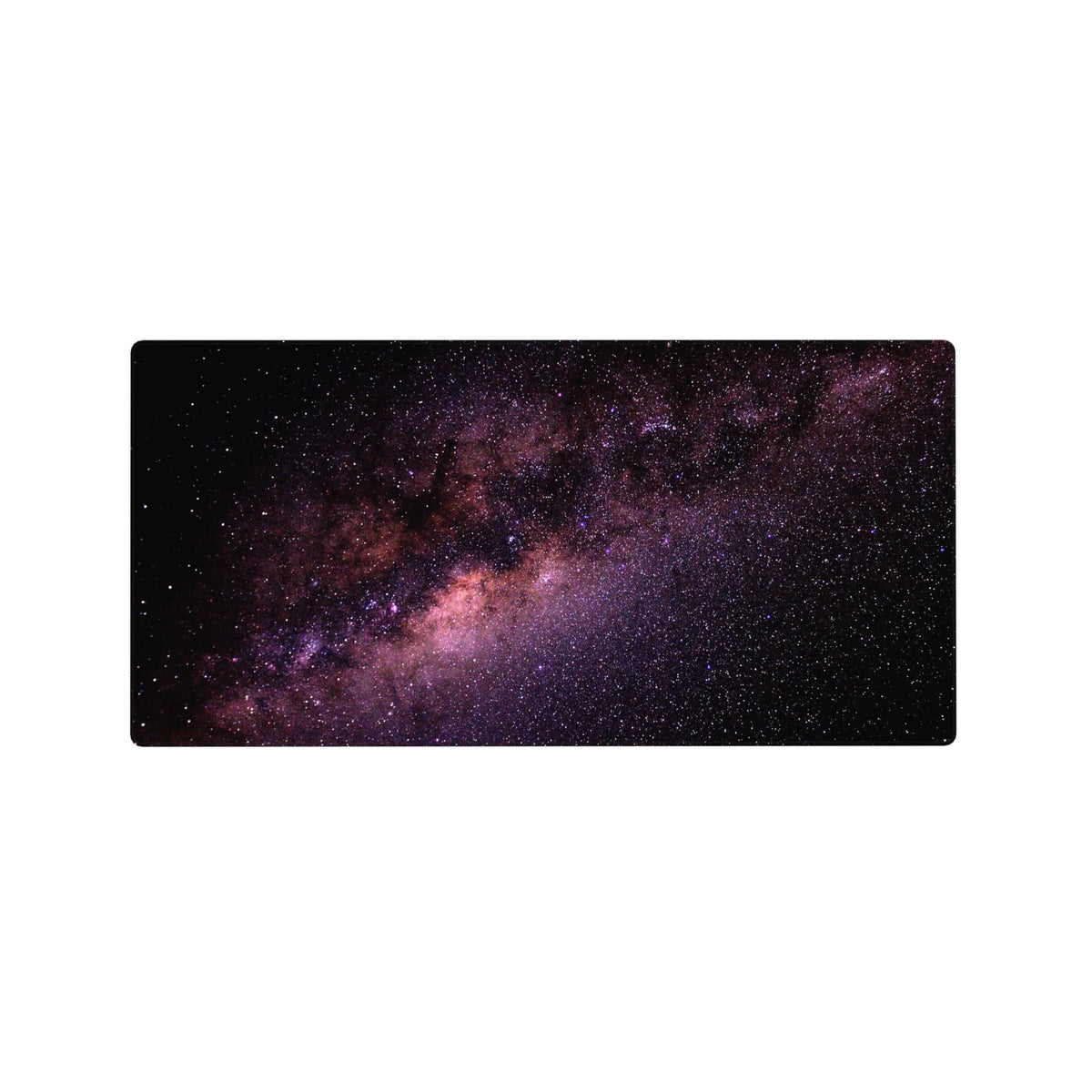 Galaxy nebula desk mouse pad 32x16 inches with star-speckled space and stardust texture.