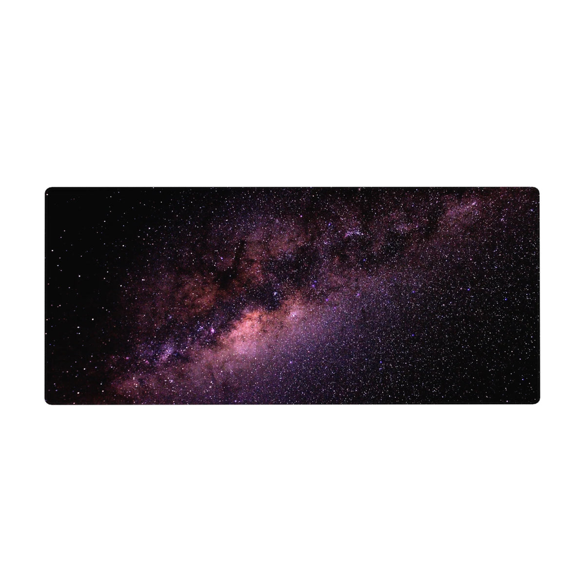 Galaxy night-sky desk pad 36x16 inches with speckled stars and swirling nebula design.