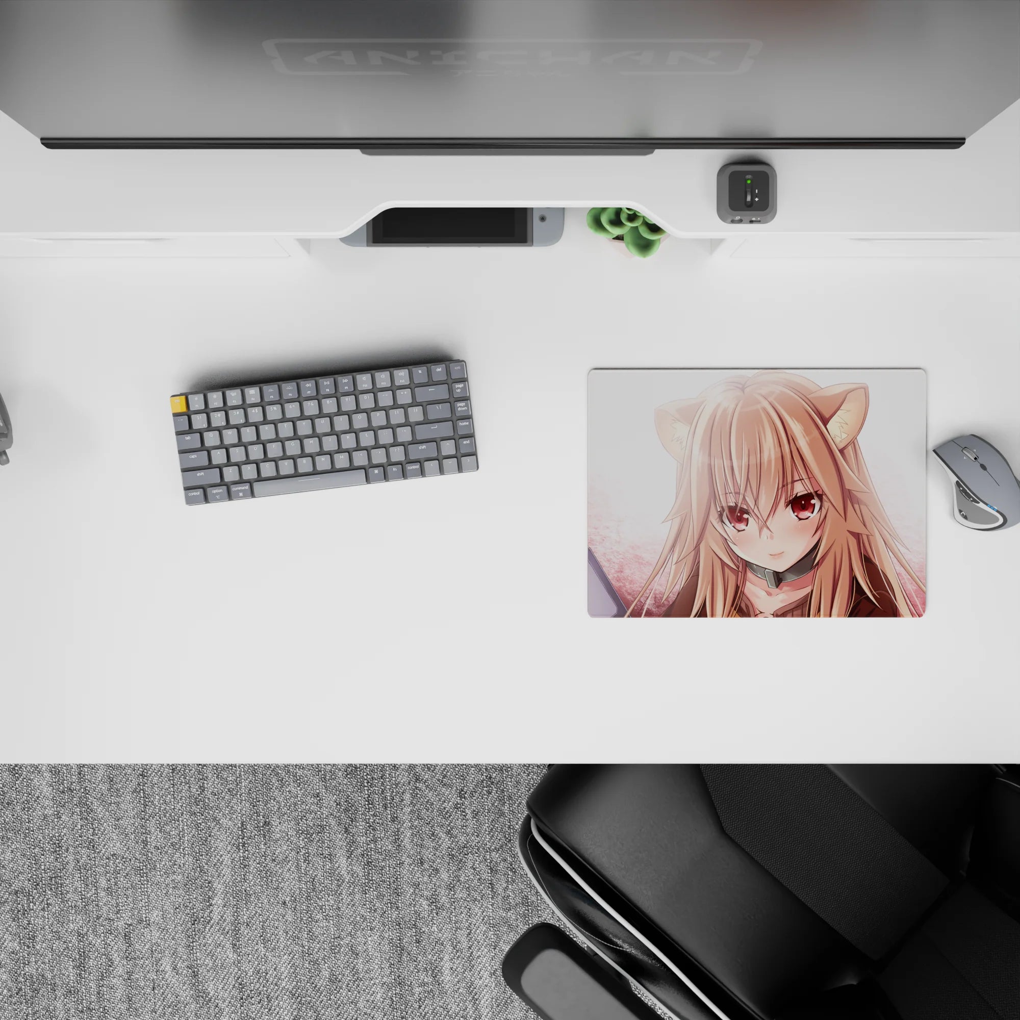 Cozy pastel anime girl mouse pad 14x10 inches in blush pink and warm peach tones, calm vibe.