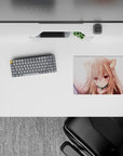 Cozy pastel anime girl mouse pad 14x10 inches in blush pink and warm peach tones, calm vibe.