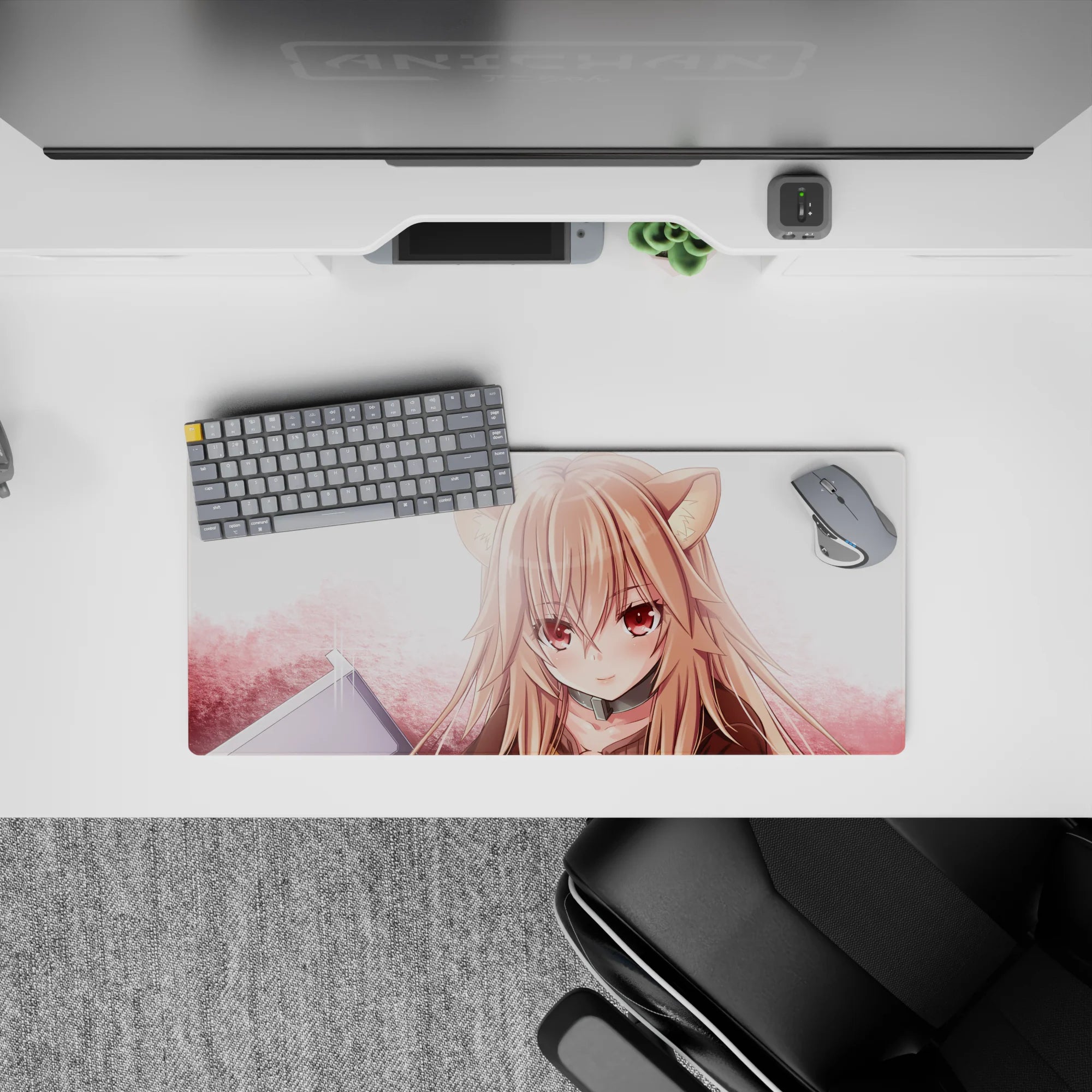 Pastel blush and warm peach anime girl mouse pad 28x12 inches, cozy mischievous vibe in soft shading.