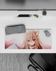 Pastel blush and warm peach anime girl mouse pad 28x12 inches, cozy mischievous vibe in soft shading.
