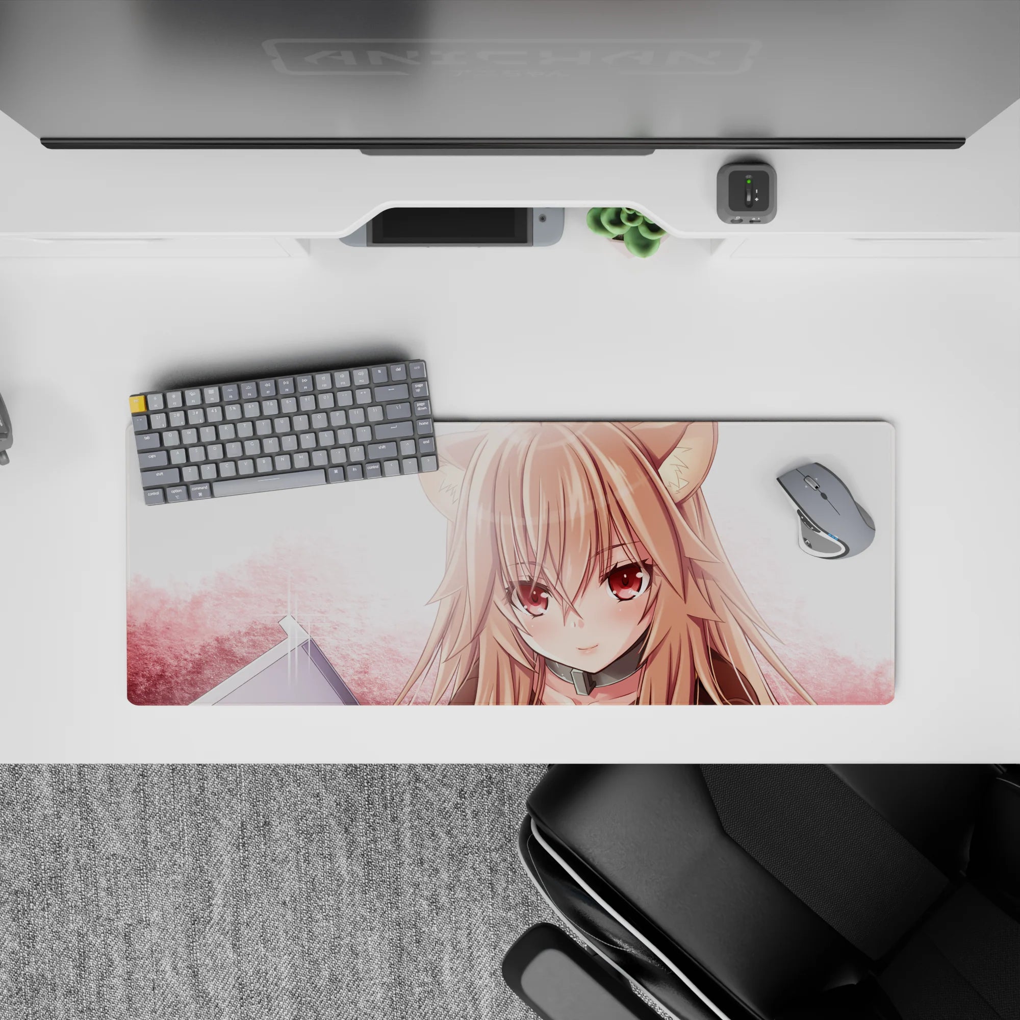 32x12 inches anime girl mouse pad in blush pink and peach tones for a cozy pastel desk setup.