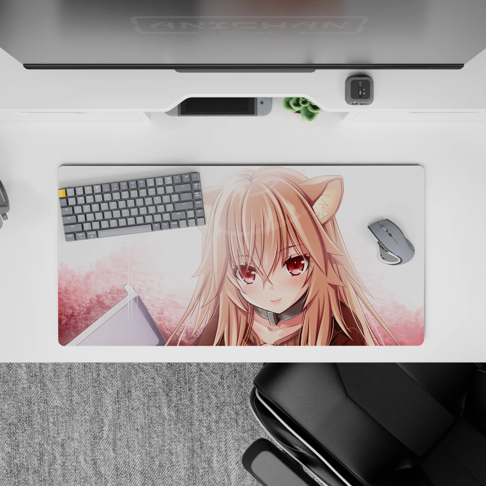 Pastel pink-to-dusty rose anime girl mouse pad 32x16 inches for a cozy, cute desk setup.