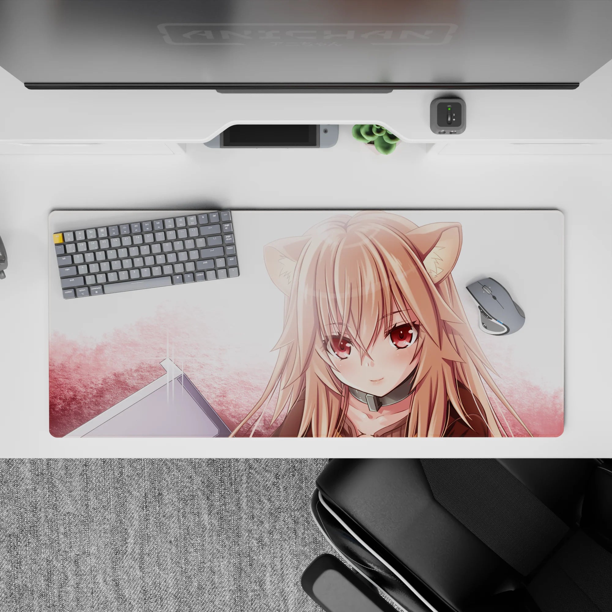 36x16 inches pastel pink-to-dusty rose anime desk pad, cozy cute vibe with warm peach blush tones.