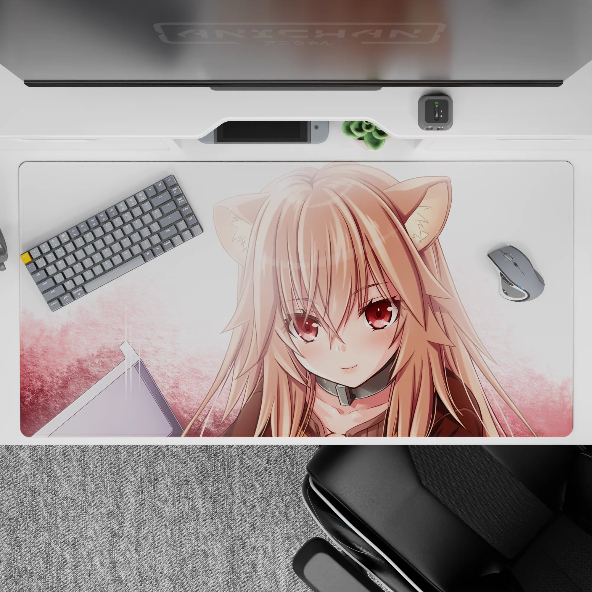 40x20 inches pastel anime desk pad in blush pink and warm peach tones for a cozy, cute setup.