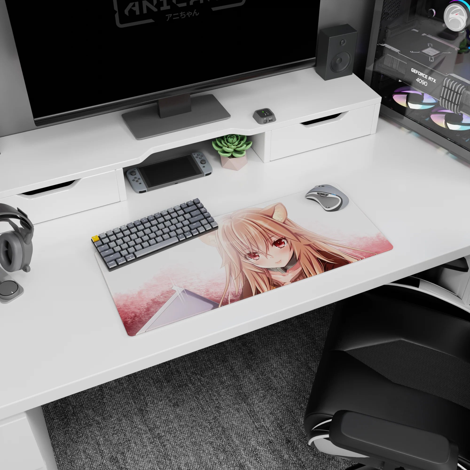 Sweet wolf-eared anime girl gazing at you on a 28x12 inches mouse pad, fluffy ears and gentle blush clouds.