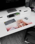 Sweet wolf-eared anime girl gazing at you on a 28x12 inches mouse pad, fluffy ears and gentle blush clouds.