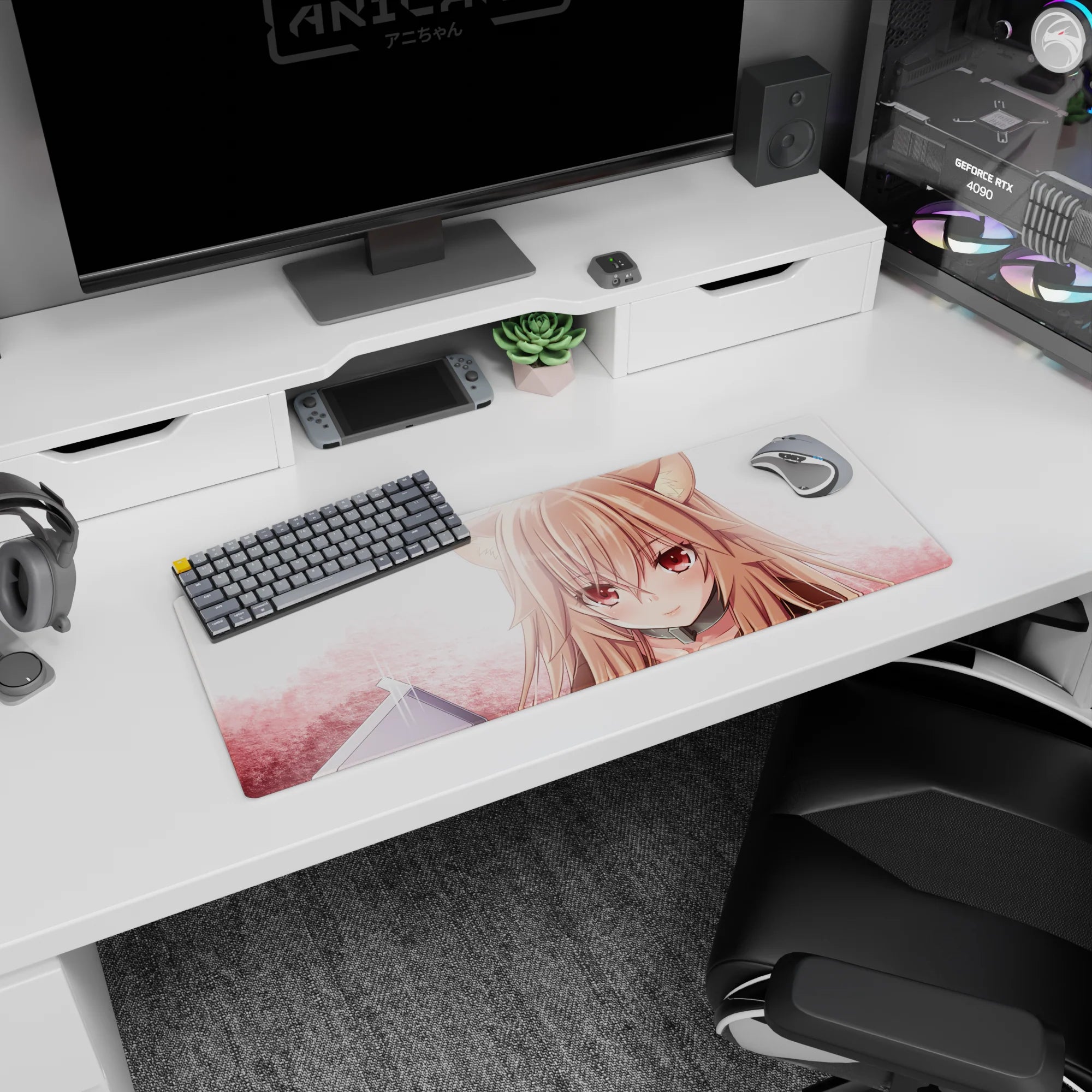 32x12 inches anime girl mouse pad showing a sweet wolf-eared girl staring forward against rosy clouds.