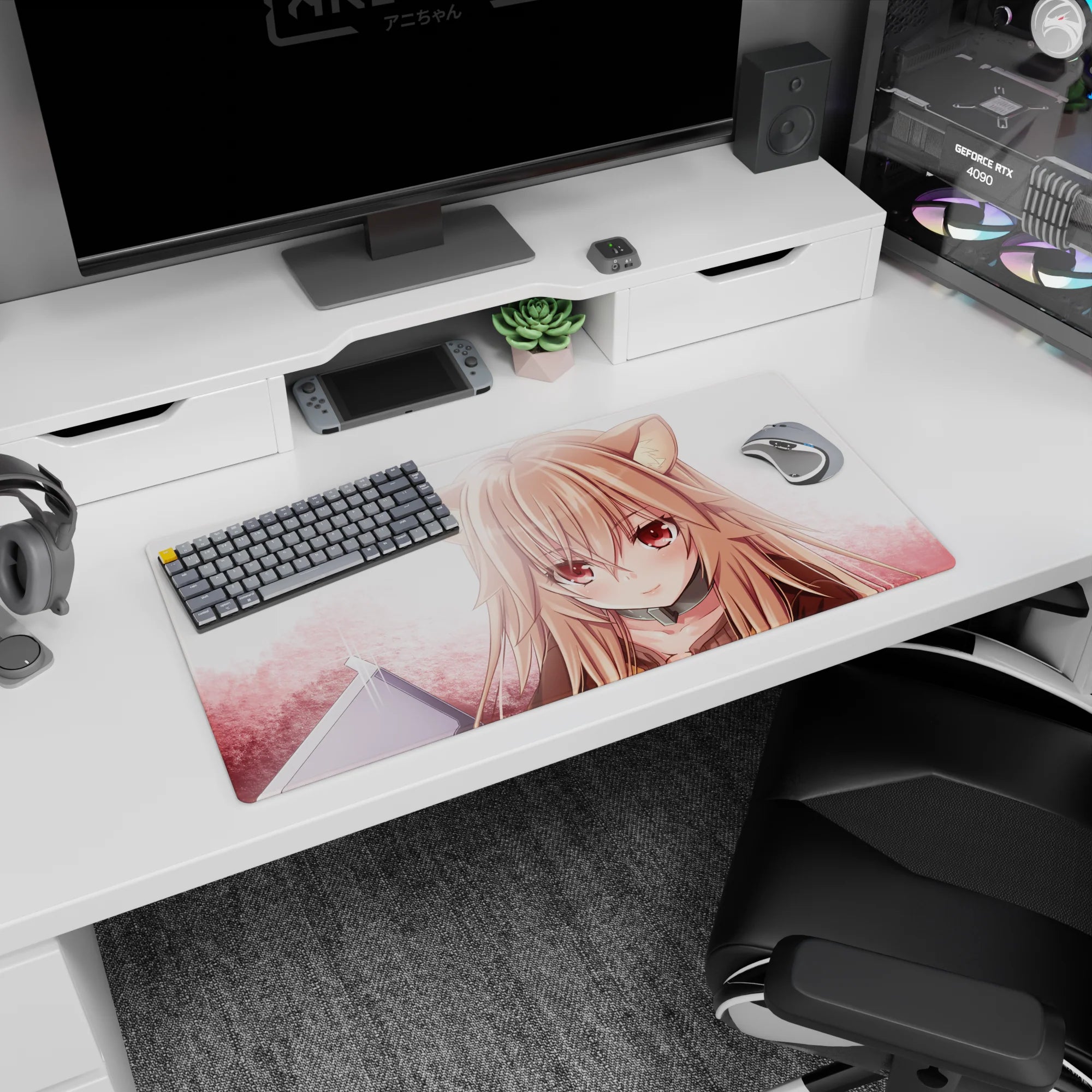 Sweet wolf-eared anime girl staring at you on a 32x16 inches mouse pad, fluffy ears and gentle shading.