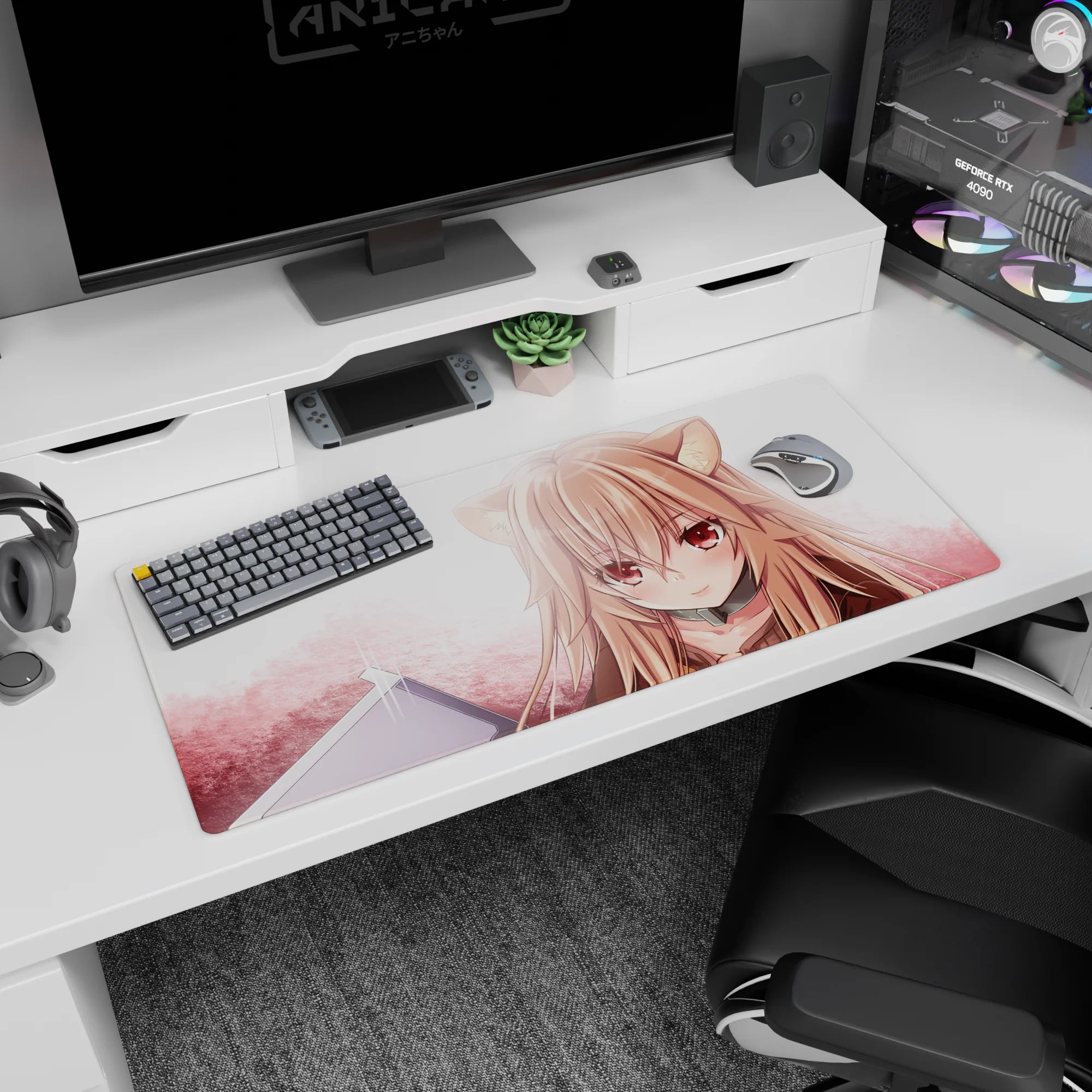 36x16 inches desk pad showing a sweet wolf-eared anime girl gazing forward in soft blush clouds.