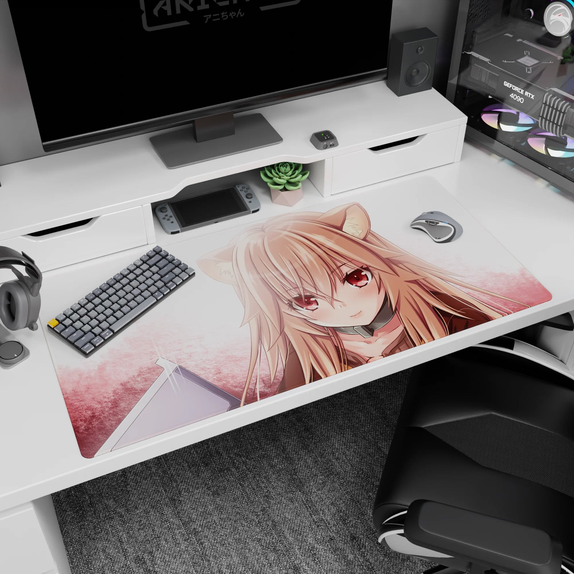 40x20 inches anime desk pad featuring a sweet wolf-eared girl staring forward, fluffy ears and gentle shading.