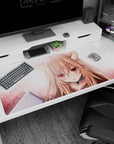 40x20 inches anime desk pad featuring a sweet wolf-eared girl staring forward, fluffy ears and gentle shading.