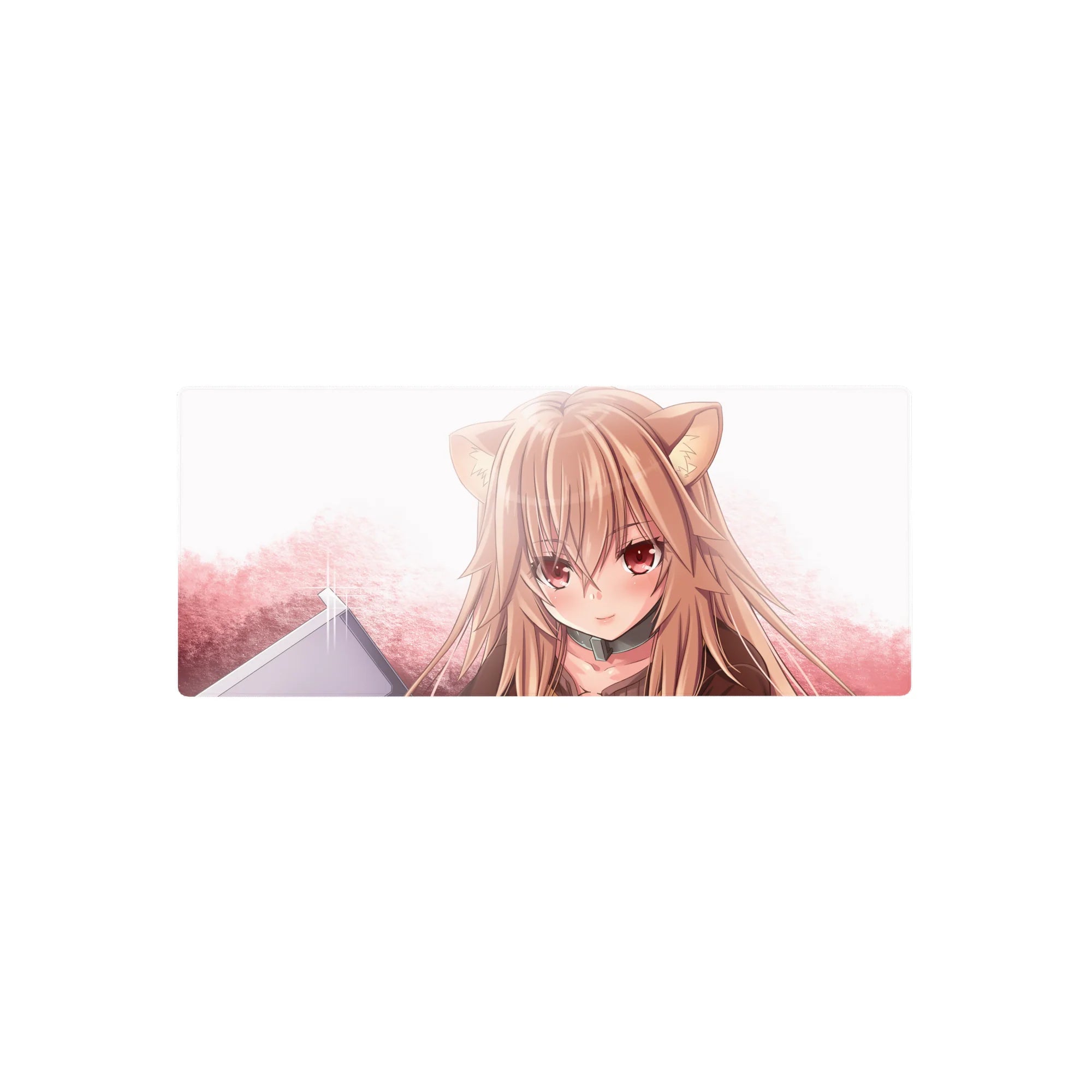 Anime girl mouse pad 28x12 inches with wolf-eared anime girl, glossy eyes, pastel pink gradient background.