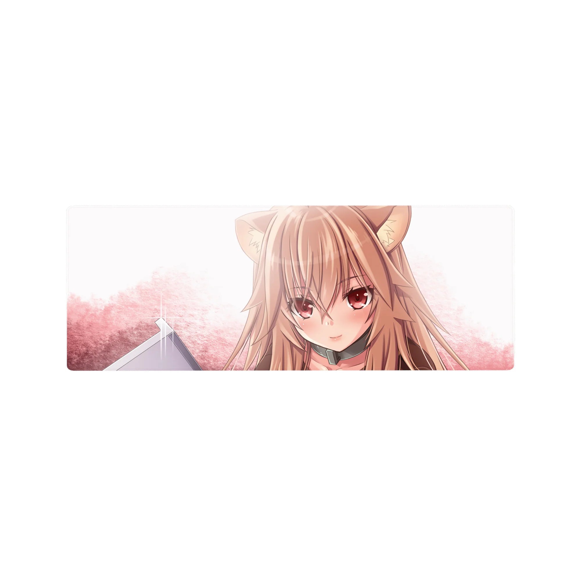 32x12 inches anime girl mouse pad with wolf ears, glossy eyes, and soft pink gradient background.