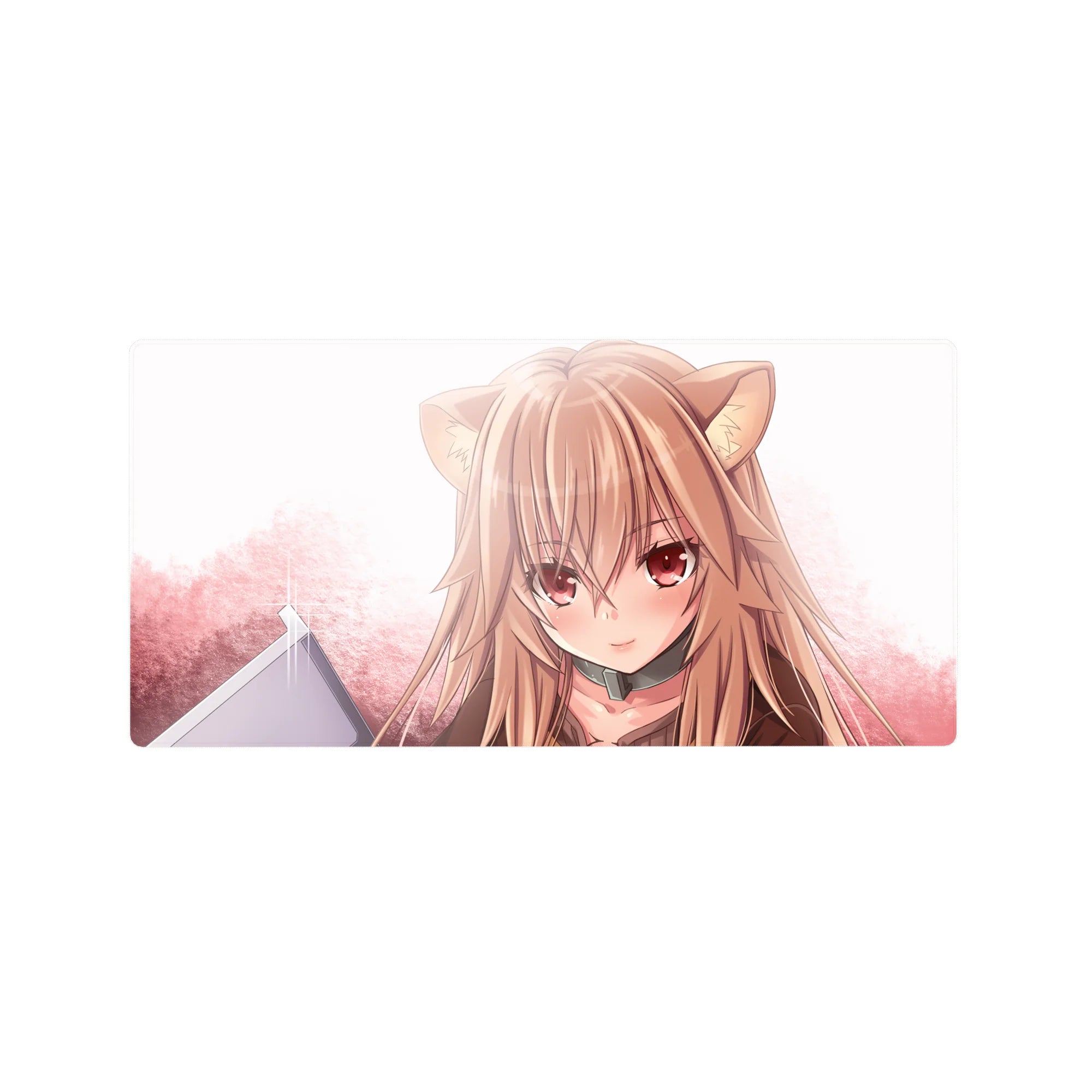 Anime girl mouse pad 32x16 inches with wolf ears, glossy eyes, and soft blush cloud background.