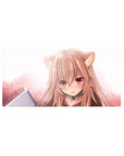 Anime girl mouse pad 32x16 inches with wolf ears, glossy eyes, and soft blush cloud background.