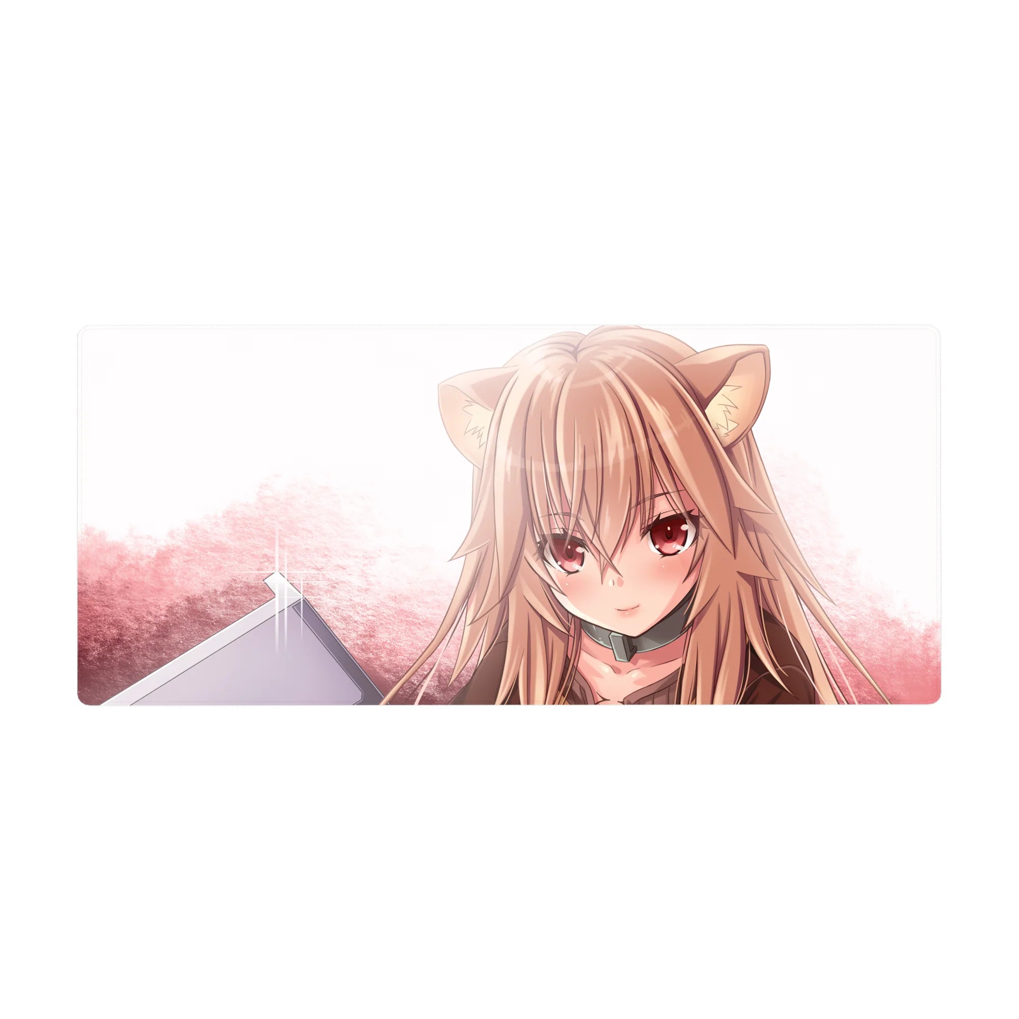 36x16 inches anime girl desk pad with wolf ears, glossy eyes, and soft pastel pink background.