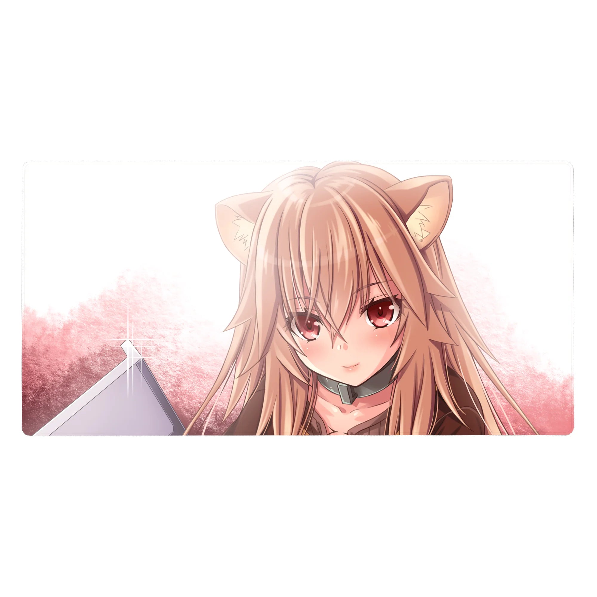40x20 inches anime girl desk pad with wolf ears, glossy eyes, and soft pink-peach cloud background.