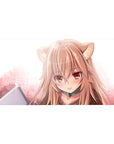 40x20 inches anime girl desk pad with wolf ears, glossy eyes, and soft pink-peach cloud background.