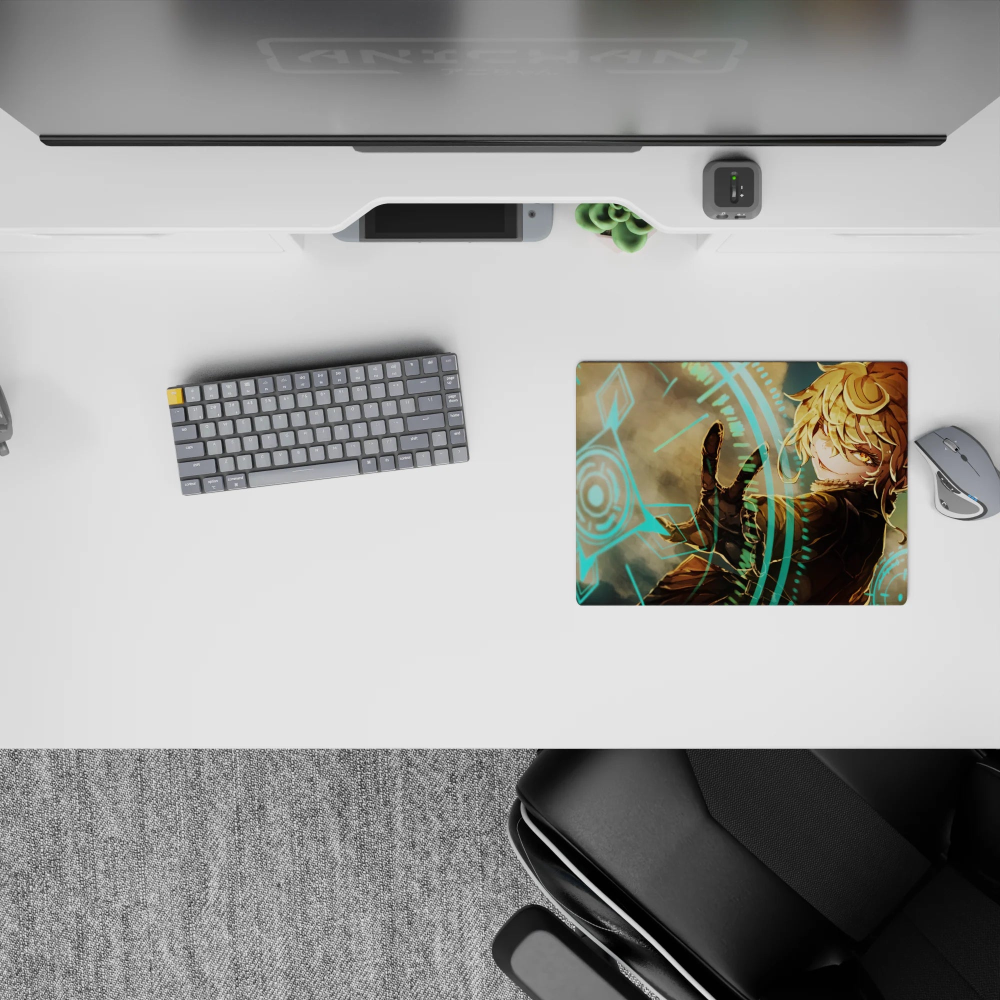 Anime girl mouse pad 14x10 inches in warm amber and neon turquoise, smoky clouds, sleek cyber vibe.