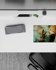 Anime girl mouse pad 14x10 inches in warm amber and neon turquoise, smoky clouds, sleek cyber vibe.