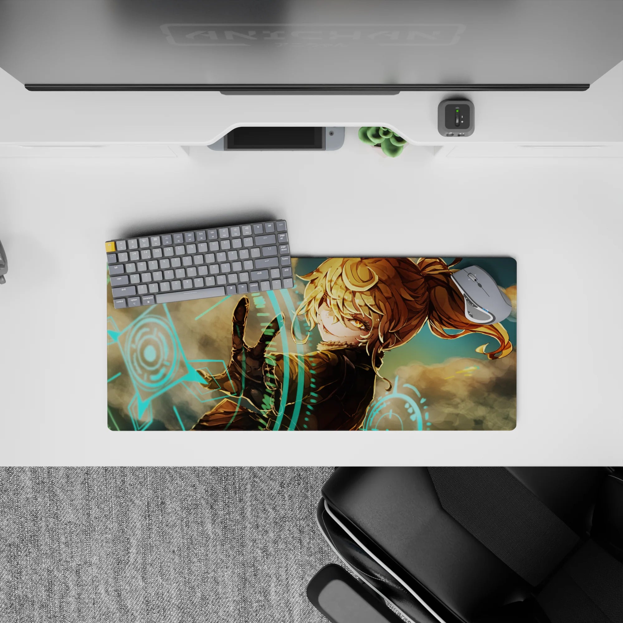 Neon turquoise glyphs and warm amber tones on anime girl mouse pad 28x12 inches, sleek cyber vibe.