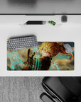 Neon turquoise glyphs and warm amber tones on anime girl mouse pad 28x12 inches, sleek cyber vibe.